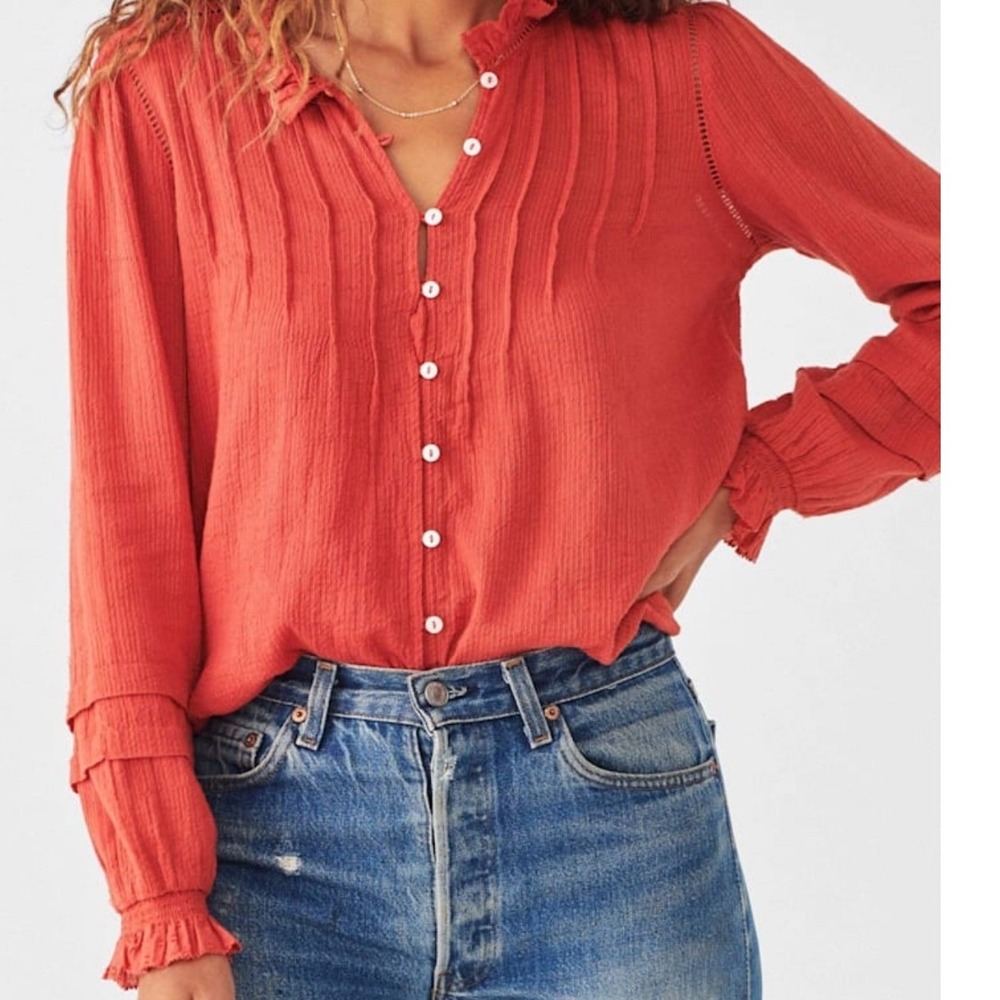 Faherty Willa Organic Cotton Button Up Blouse Top Women's Small Red Orange